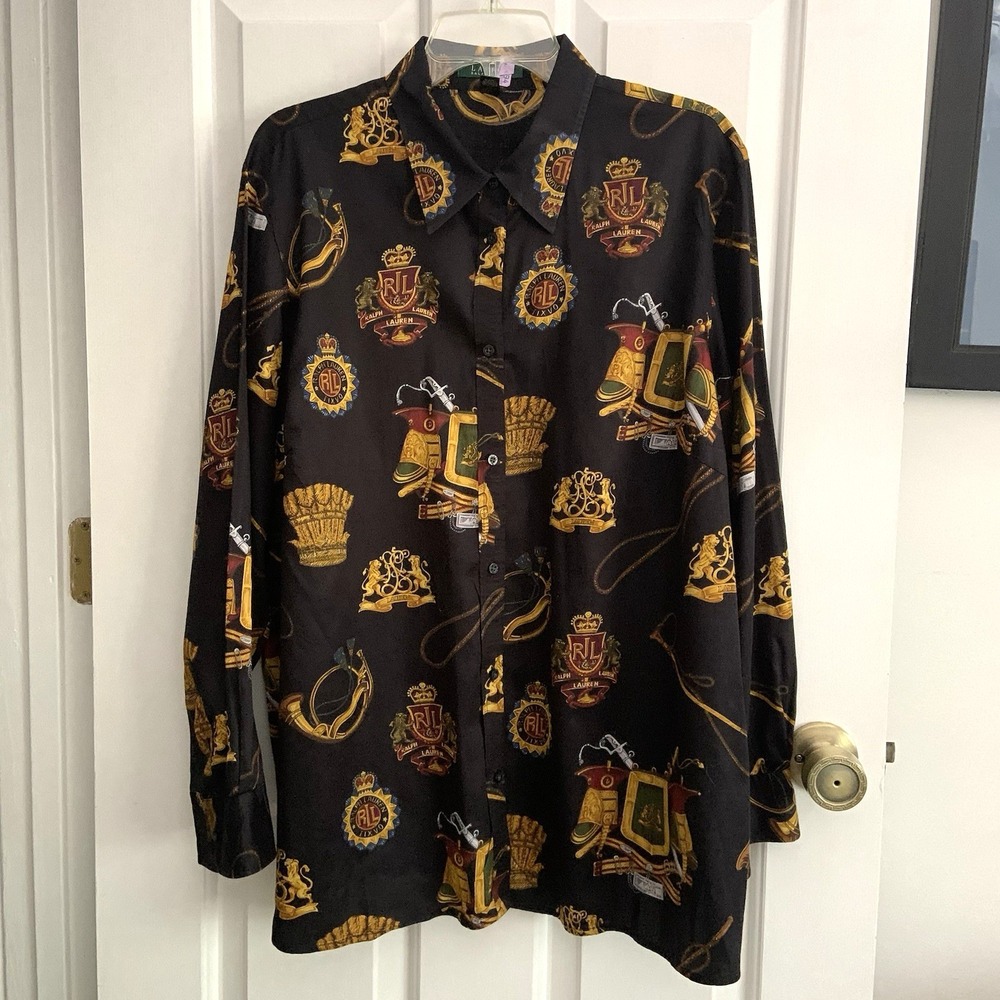 Lauren Ralph Lauren Allover Equestrian Crest Print Black Cotton Shirt Women 2X